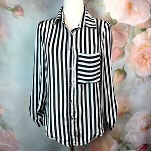 Unicolor Black & White Vertical Striped Button Up Long Sleeve Blouse Top